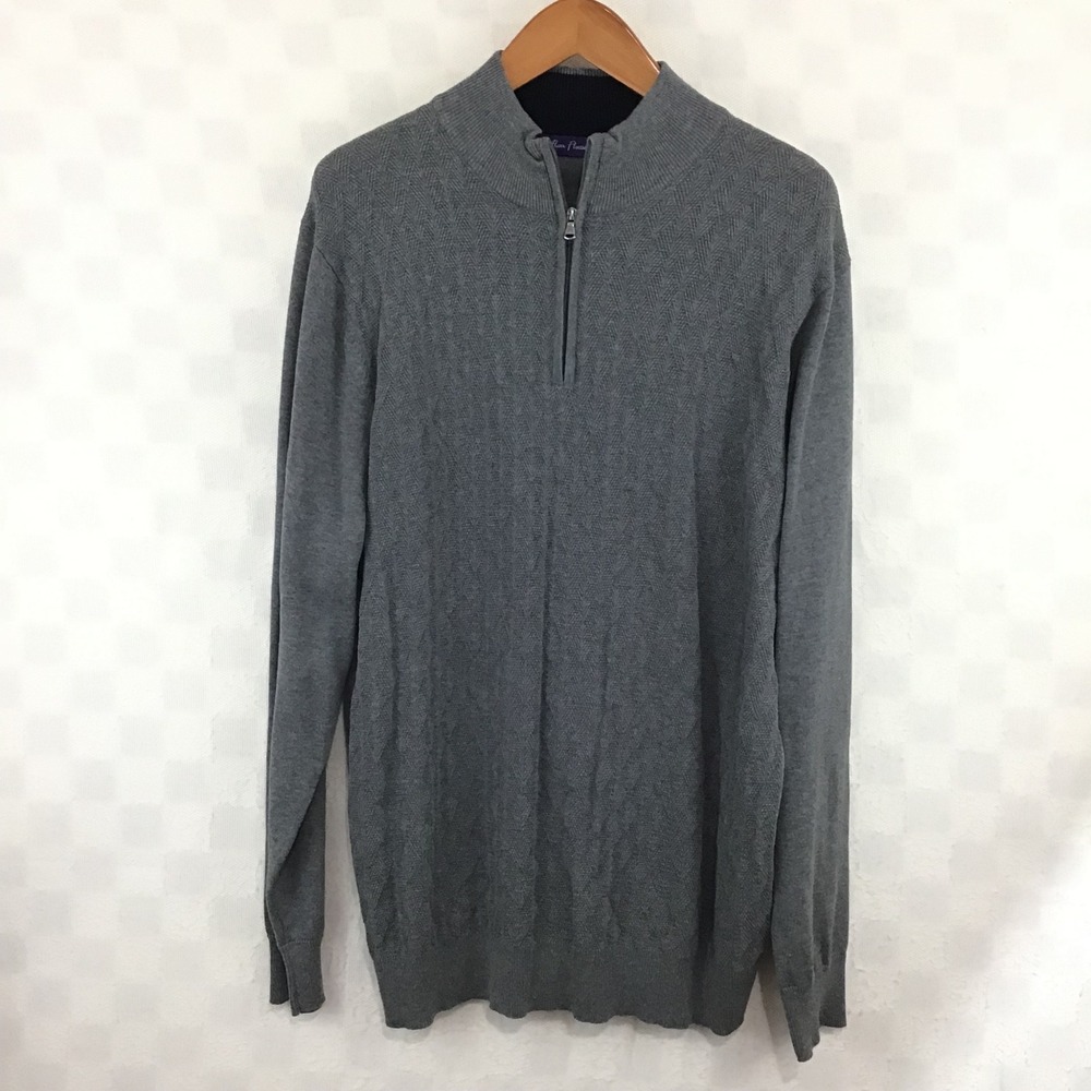 Alan Flusser Mens XXL Gray 100% Cotton Quarter‎ Zip Chevron Diamond Knit Sweater
